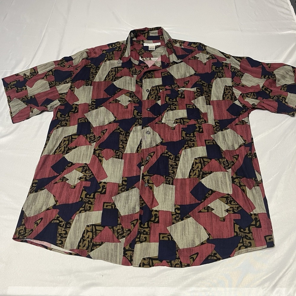 Vintage 90s Pacific Club Button Up Shirt Mens L Abstract Geometric Rayon SS Art